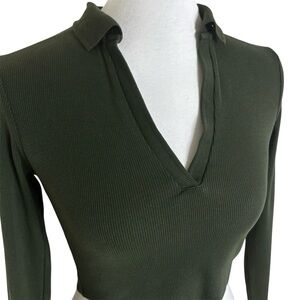 ZARA Long Sleeve Green Ribbed Collared Crop Top – Size M